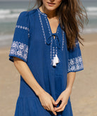 Close up details of the embroidery and pleats on the Rose and Rose Ajaccio dress.