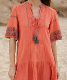 Close up details of the embroidery and pleats on the Rose and Rose Ajaccio dress.