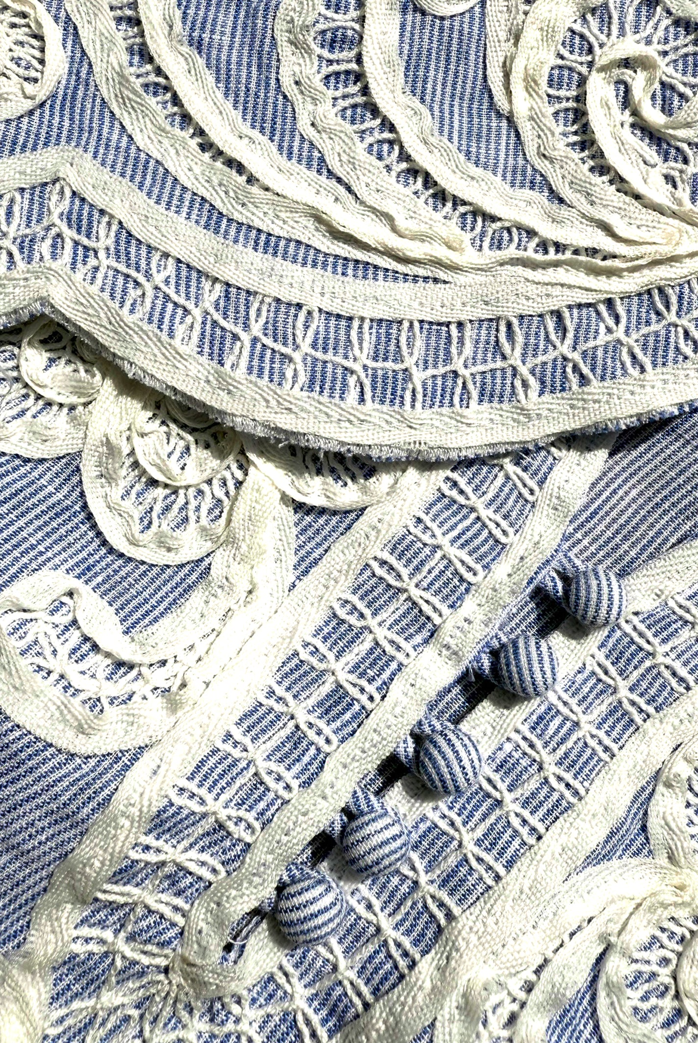 Close up of the tape work decoration on the Amaranta dress.