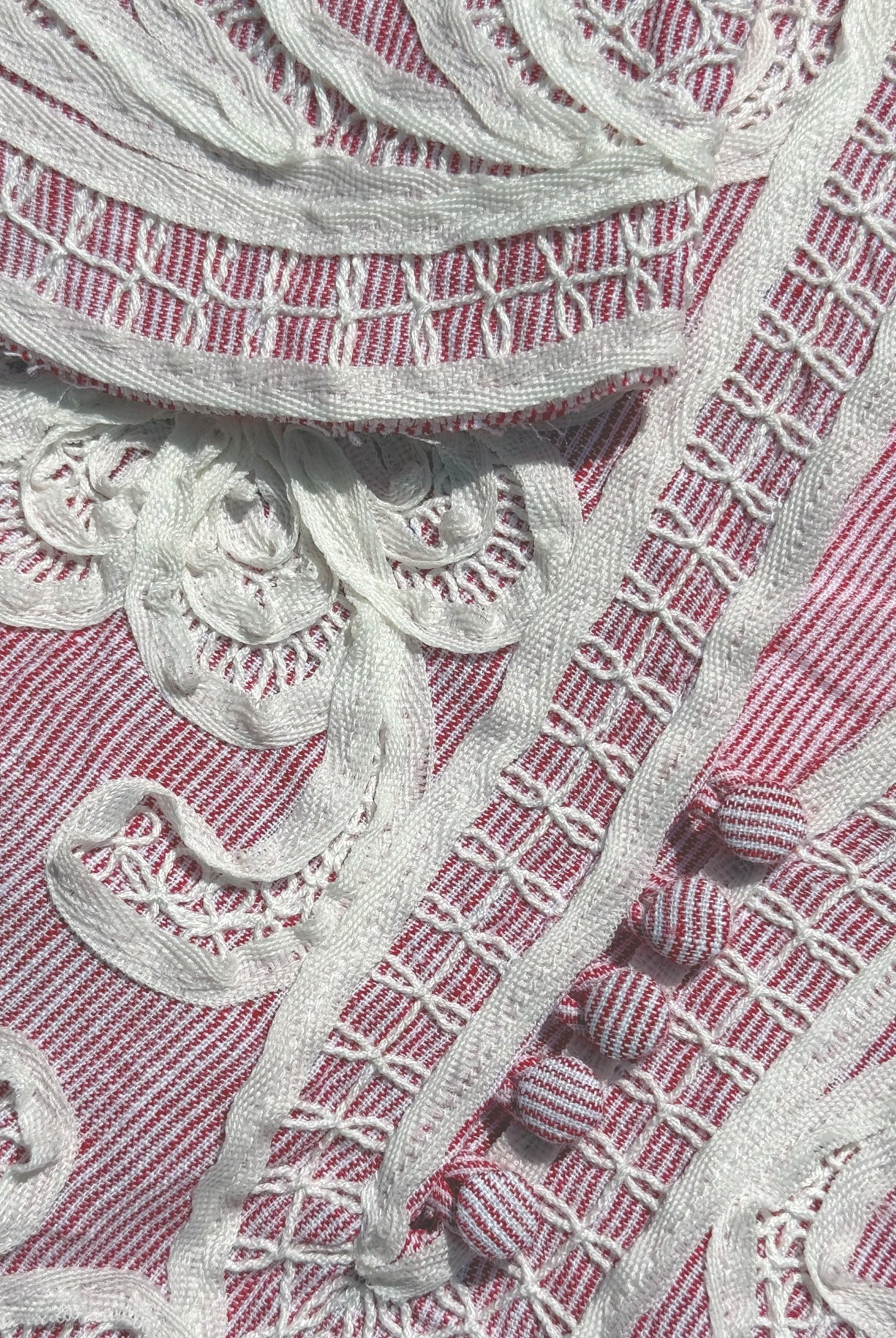 Close up of the tape work decoration on the Amaranta dress.