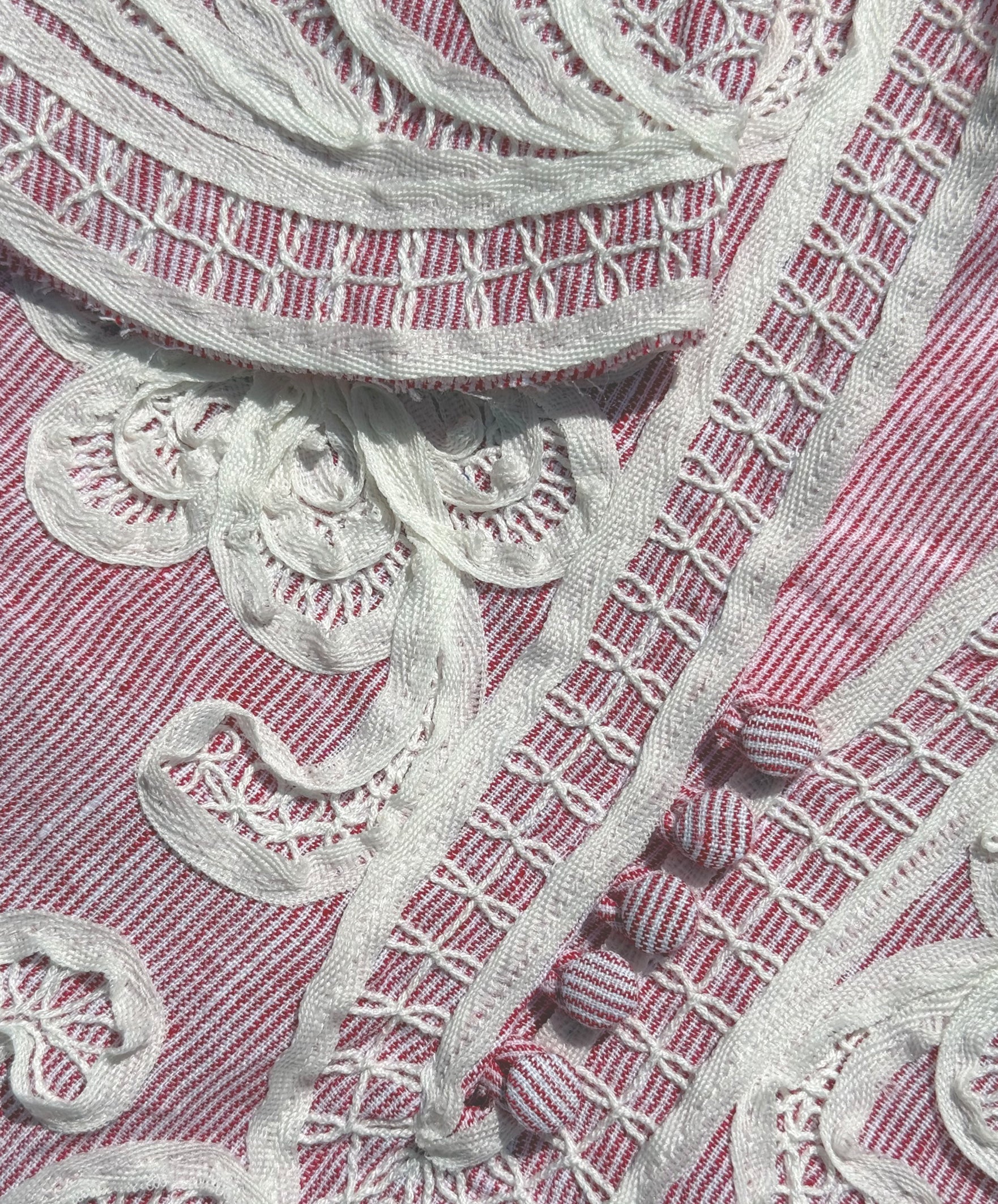 Close up of the tape work decoration on the Amaranta dress.