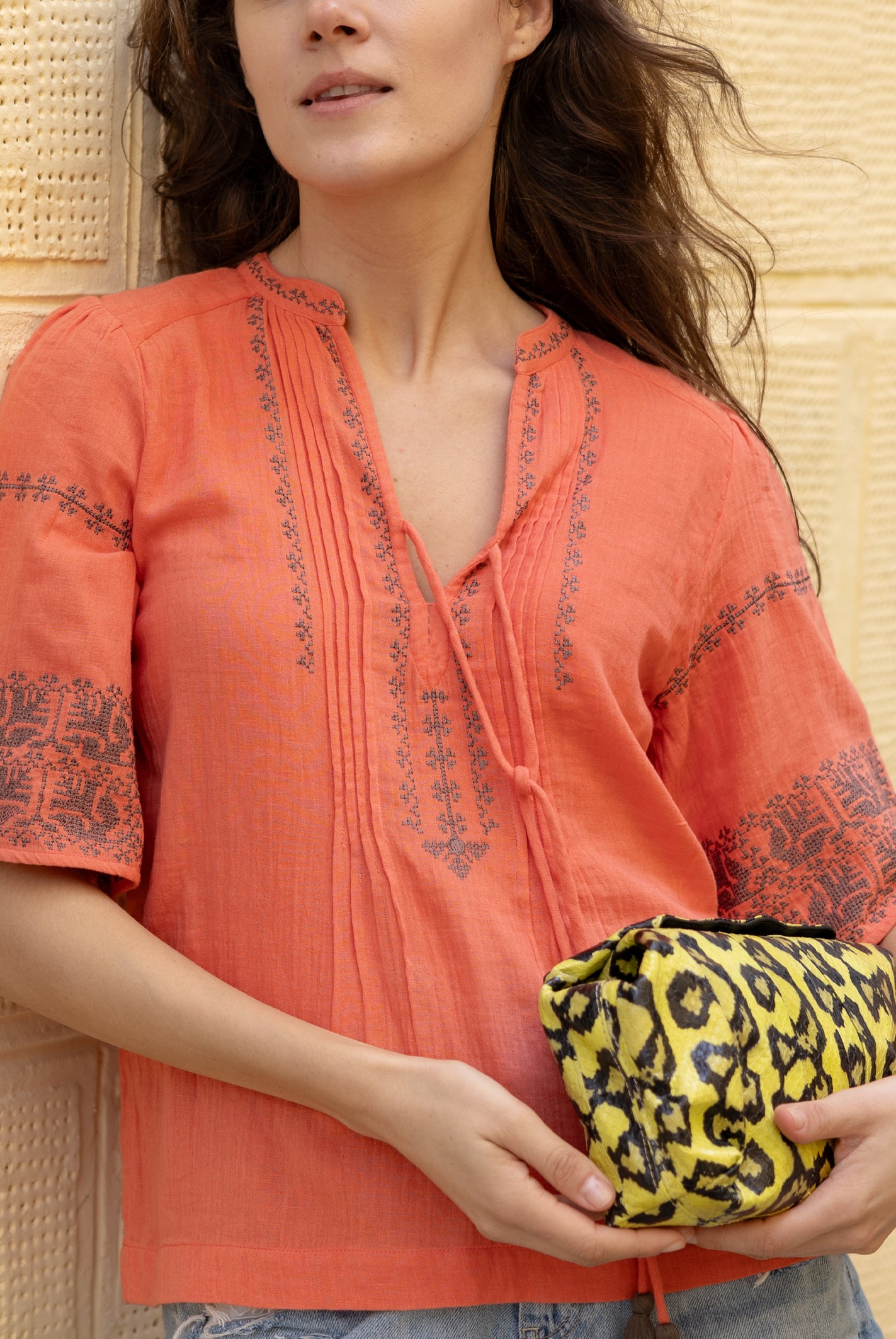 Close up details of the embroidery and pleats on the Rose and Rose Antibes top.