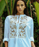 Close up details of  the Rose and Rose Barbican shirt embroidery.