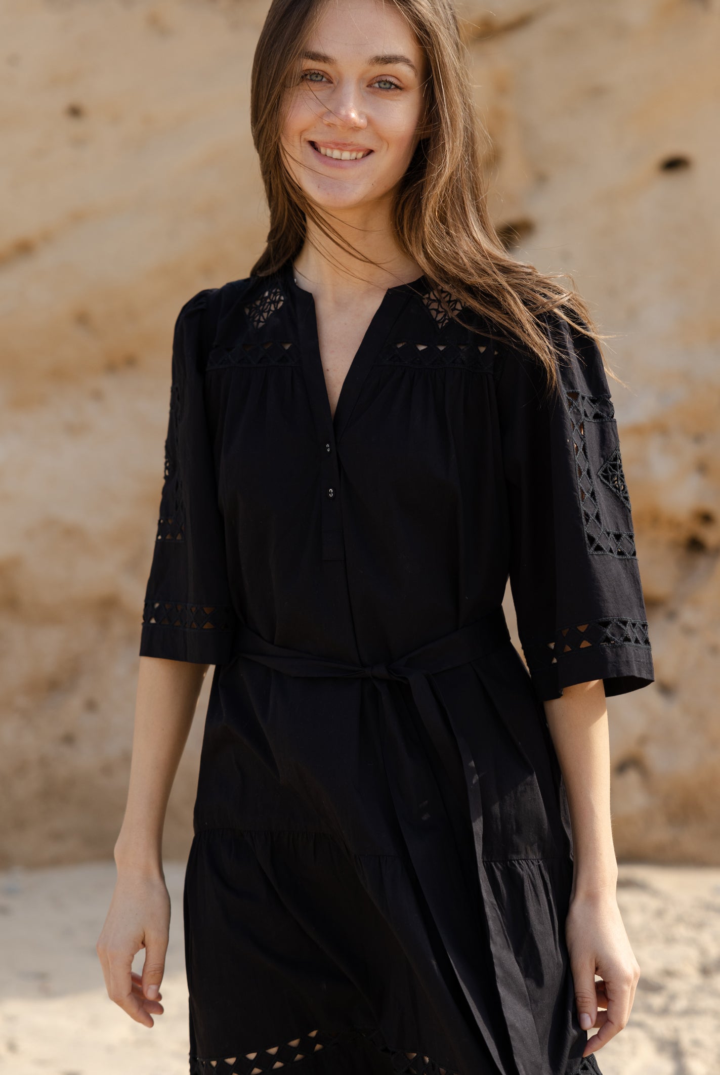 Close up embroidery and cut out details of the Rose and Rose Biarritz cotton dress.