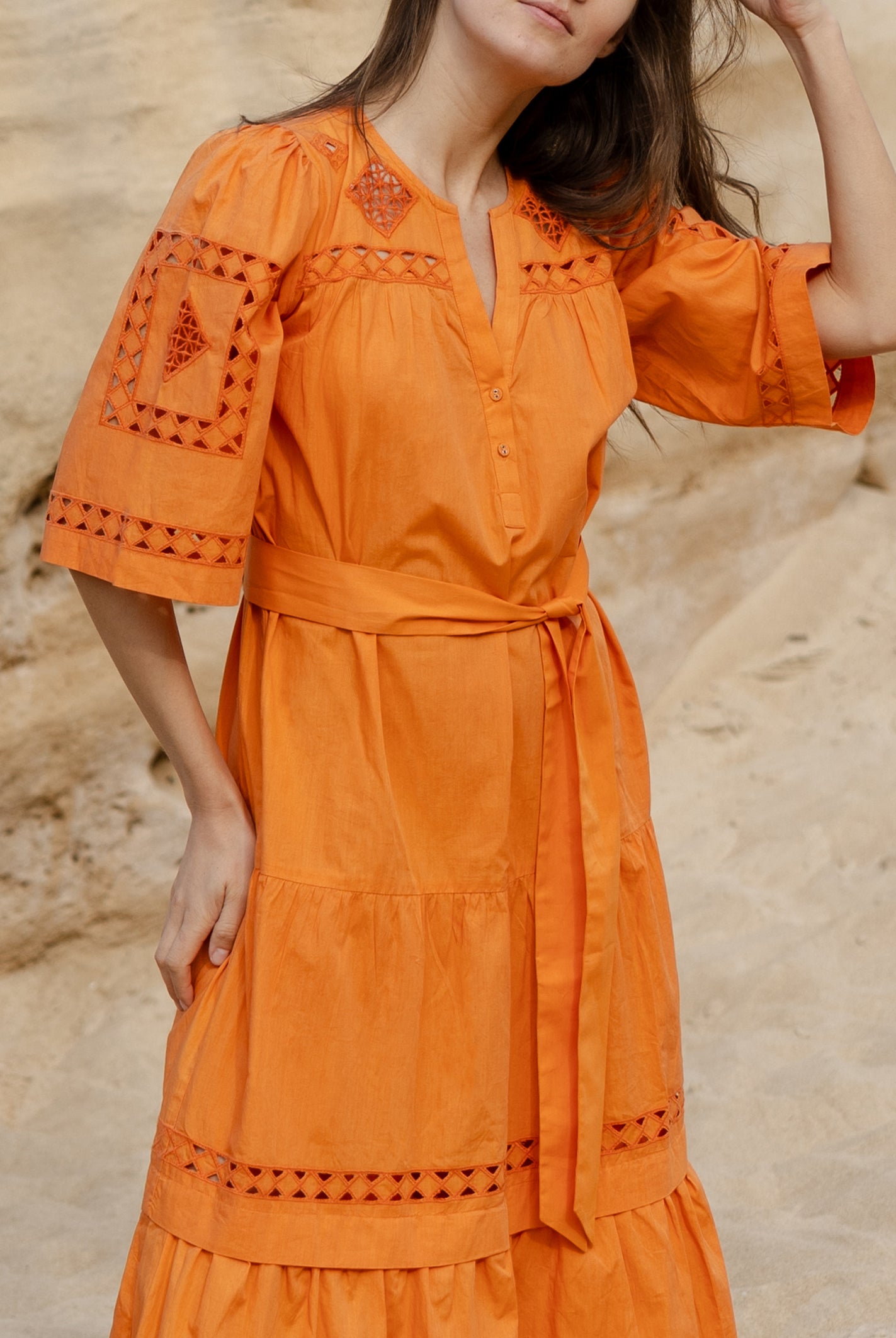 Close up embroidery and cut out details of the Rose and Rose Biarritz cotton dress.