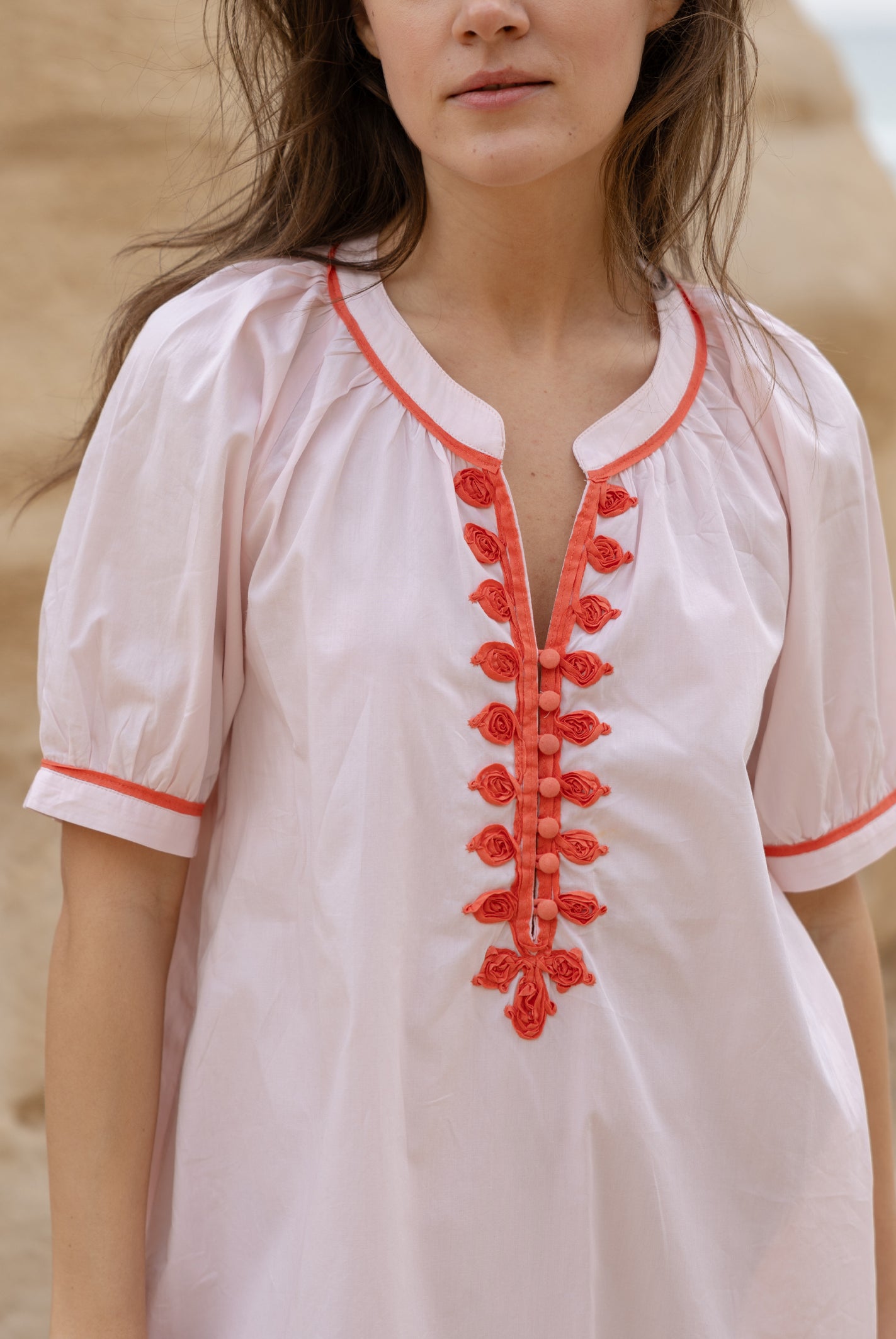 Close up of the passementerie on the Rose and Rose Cannes cotton dress.