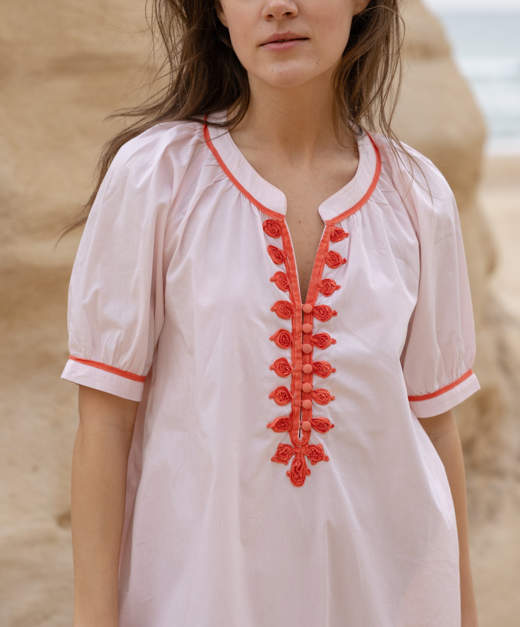 Close up of the passementerie on the Rose and Rose Cannes cotton dress.