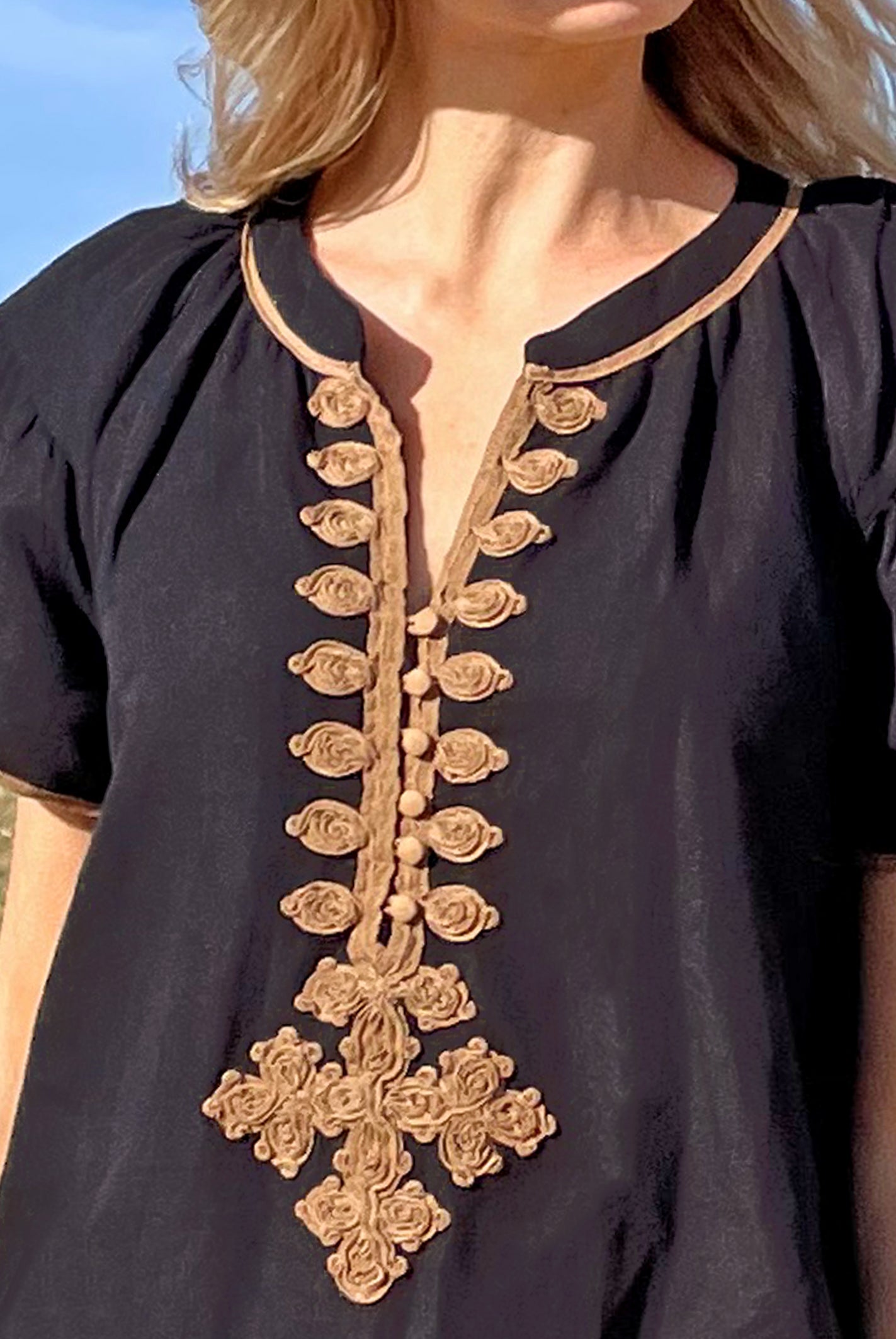 The passementerie embroidery details of the Rose and Rose Imperia top in black cotton.