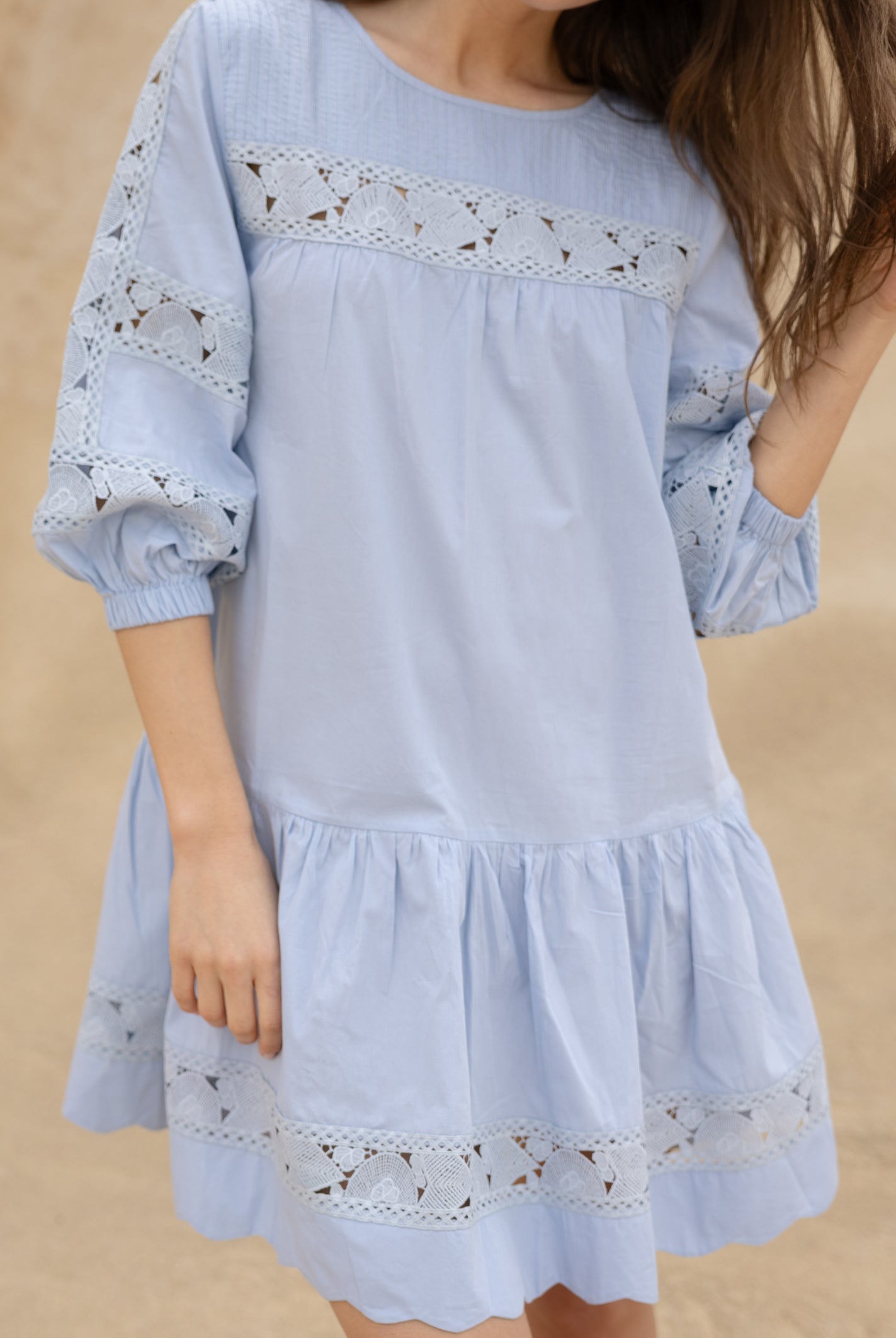 Close up details of the Rose and Rose blue cotton La Rochelle dress.