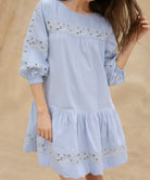 Close up details of the Rose and Rose blue cotton La Rochelle dress.