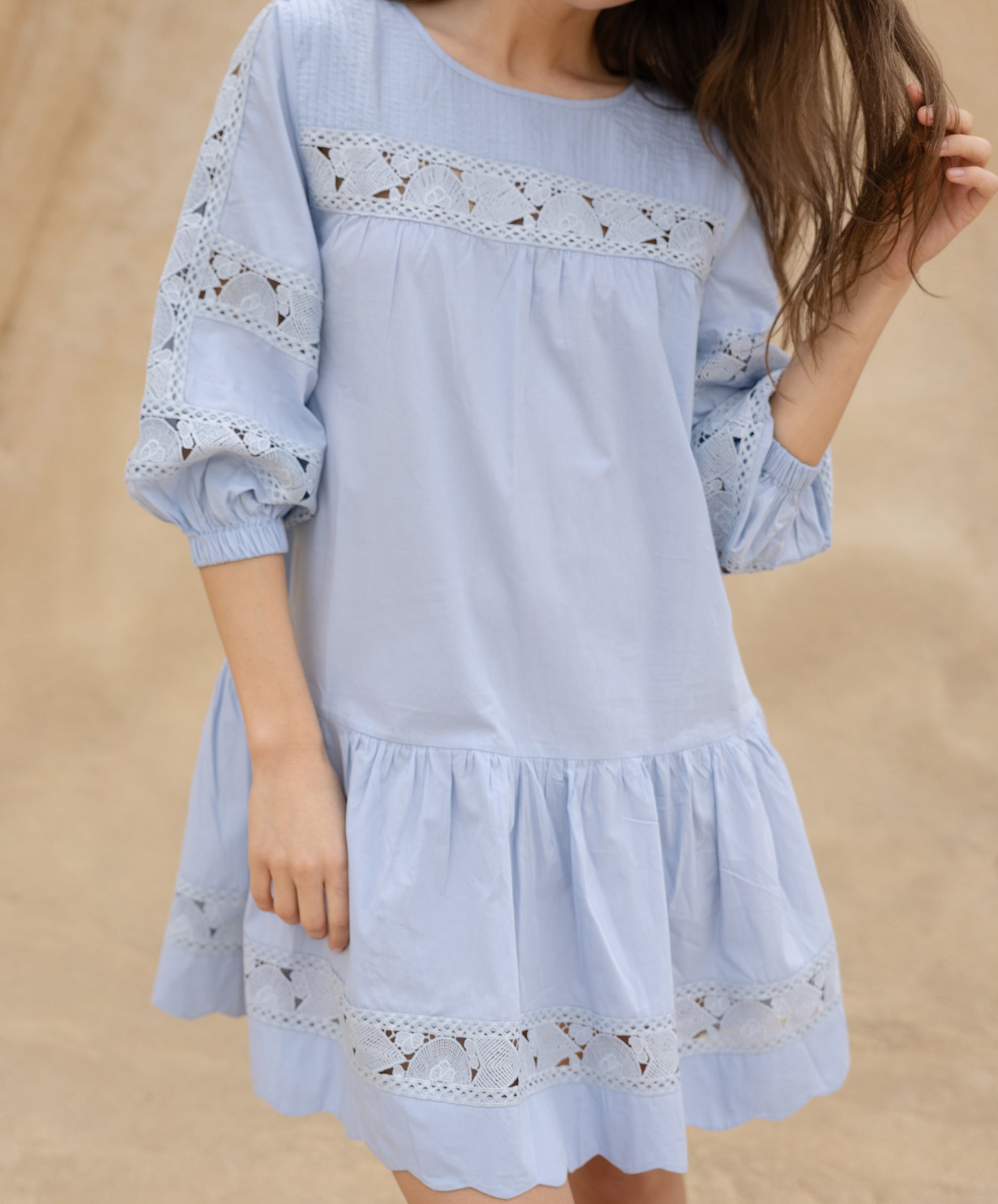 Close up details of the Rose and Rose blue cotton La Rochelle dress.