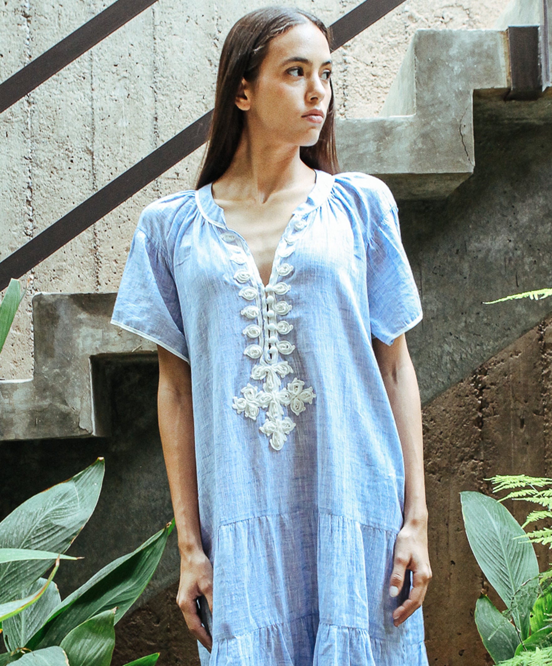 Details of the passementerie decoration on the Uxbridge blue dress.