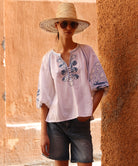Woman wearing a white blouse with denim applique embroidery and denim shorts with a straw hat against a warm-toned wall.