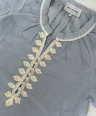 Blue and White striped Rose and Rose garment with white embroidery decoration