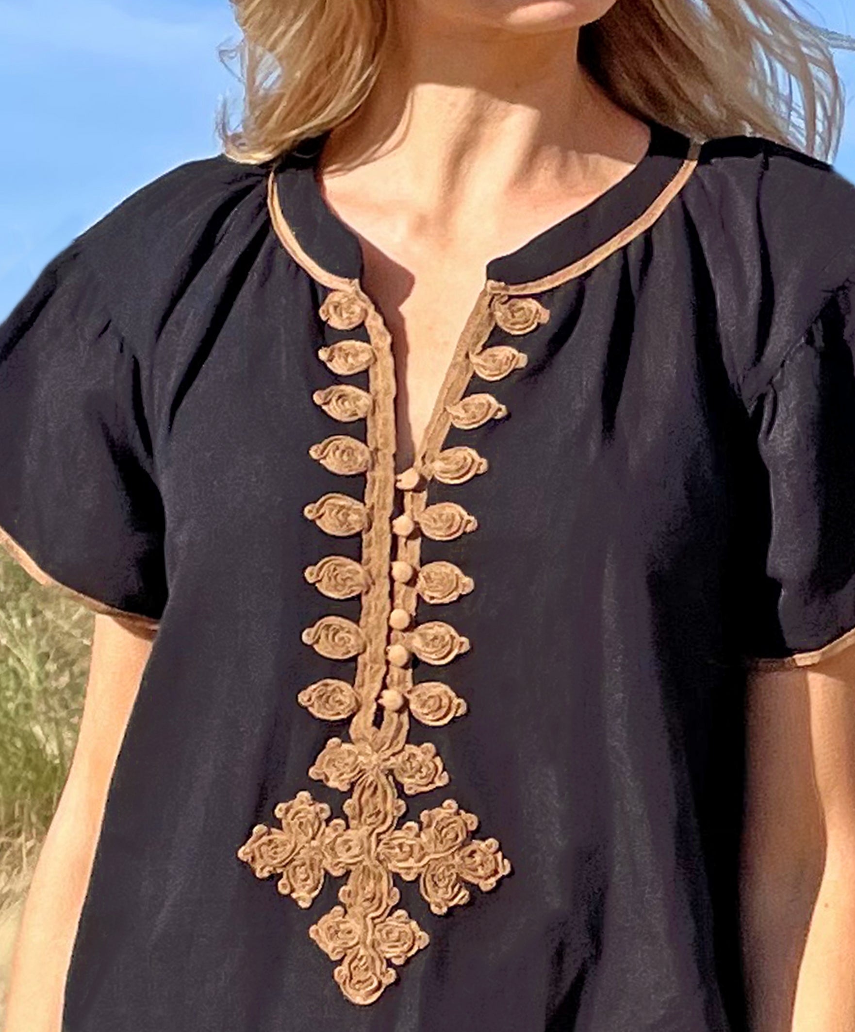 The passementerie embroidery details of the Rose and Rose Imperia top in black cotton.