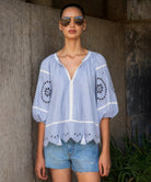Woman wearing a light blue embroidered top and sunglasses standing in front of a textured wall.